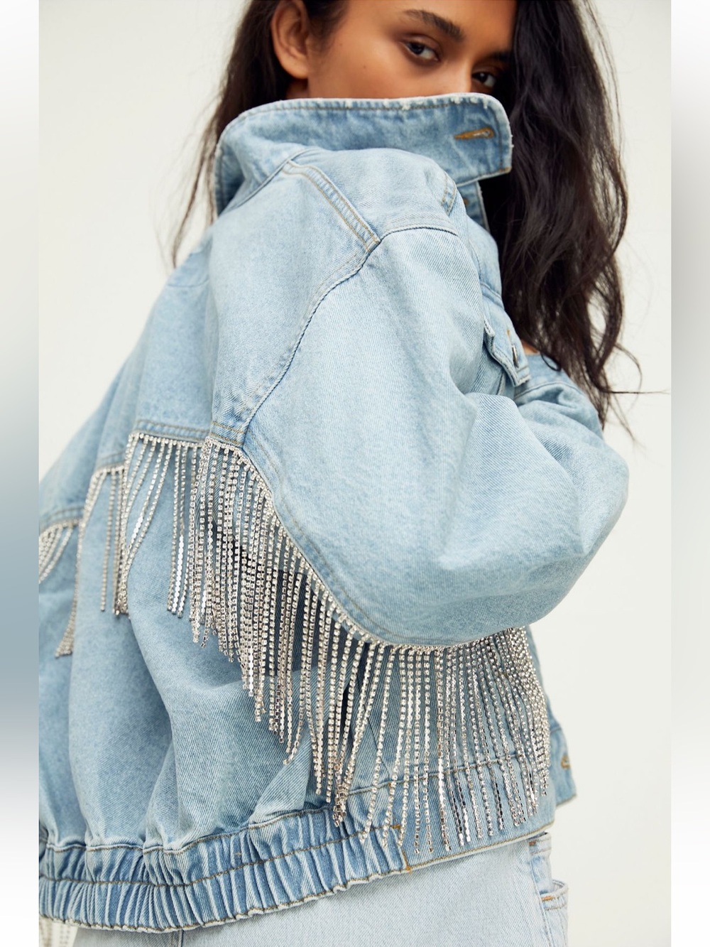 Free People Light Blue Rhinestone Fringe Comet Denim Bomber Jacket